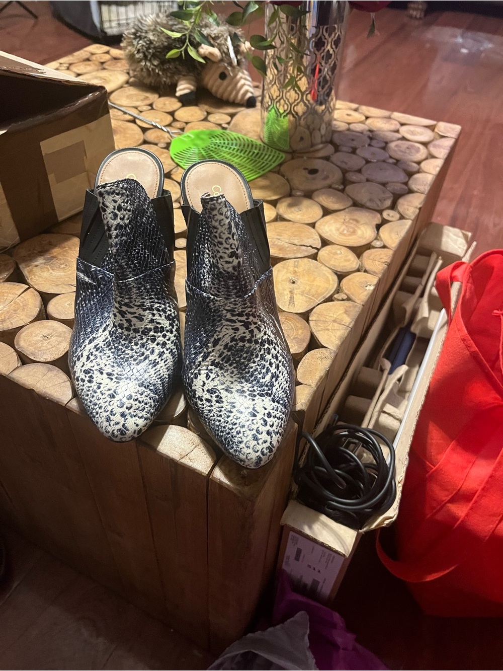 Calvin Klein Black & White Snake-Print Slip-On Ankle Booties